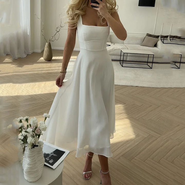 Hannah | Elegant Midiklänning Med Fyrkantig Ringning För Bröllopsgäst