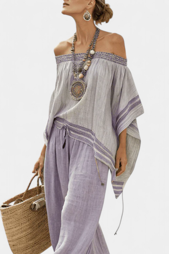 Zandrel | Elegant Off-Shoulder Top &amp; Vida Byxor med Rand