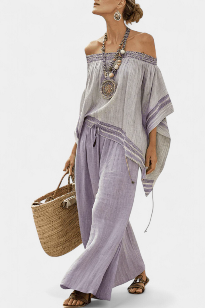 Zandrel | Elegant Off-Shoulder Top &amp; Vida Byxor med Rand