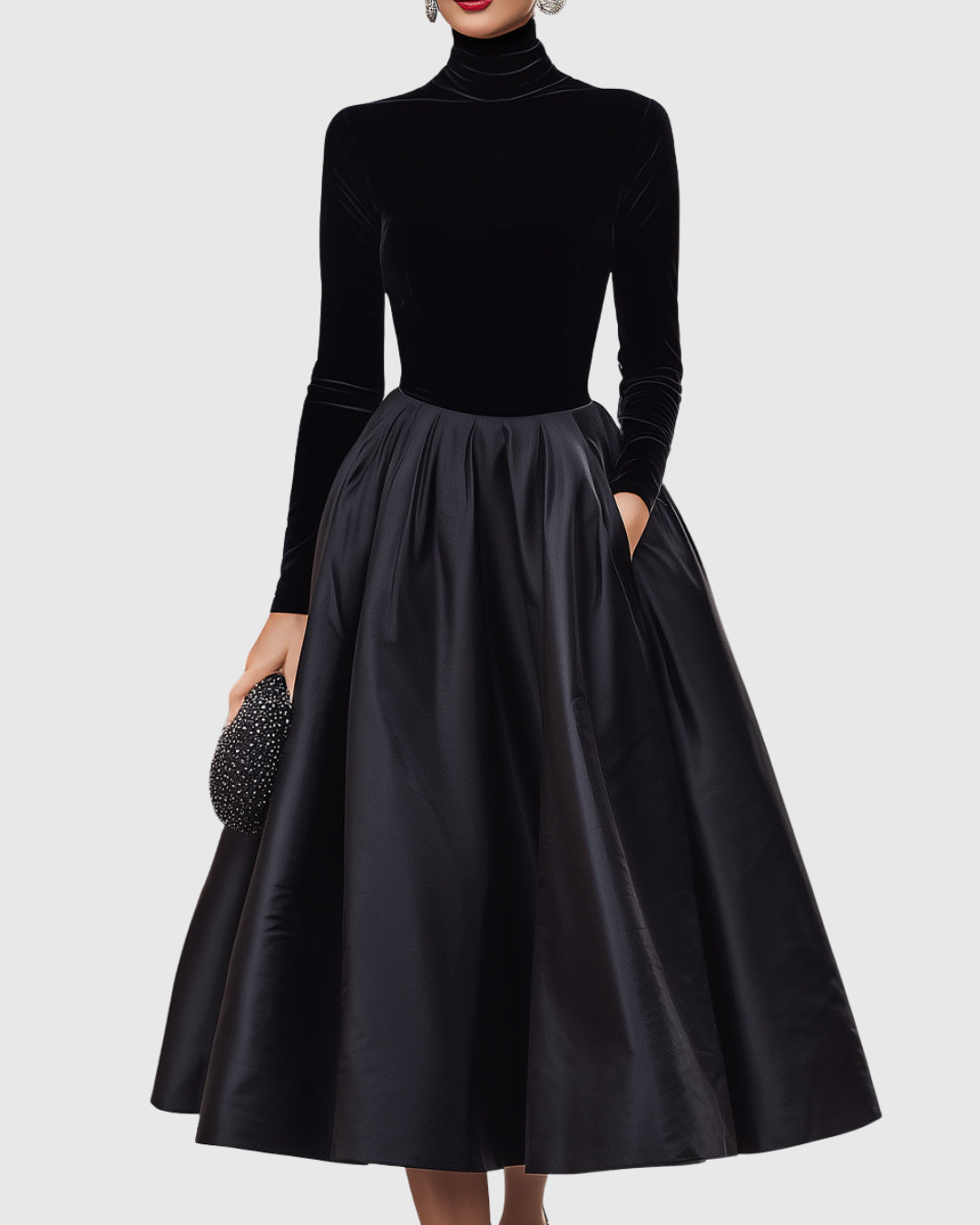 Aradia | Elegant Midiklänning I Svart Sammet Och Satin