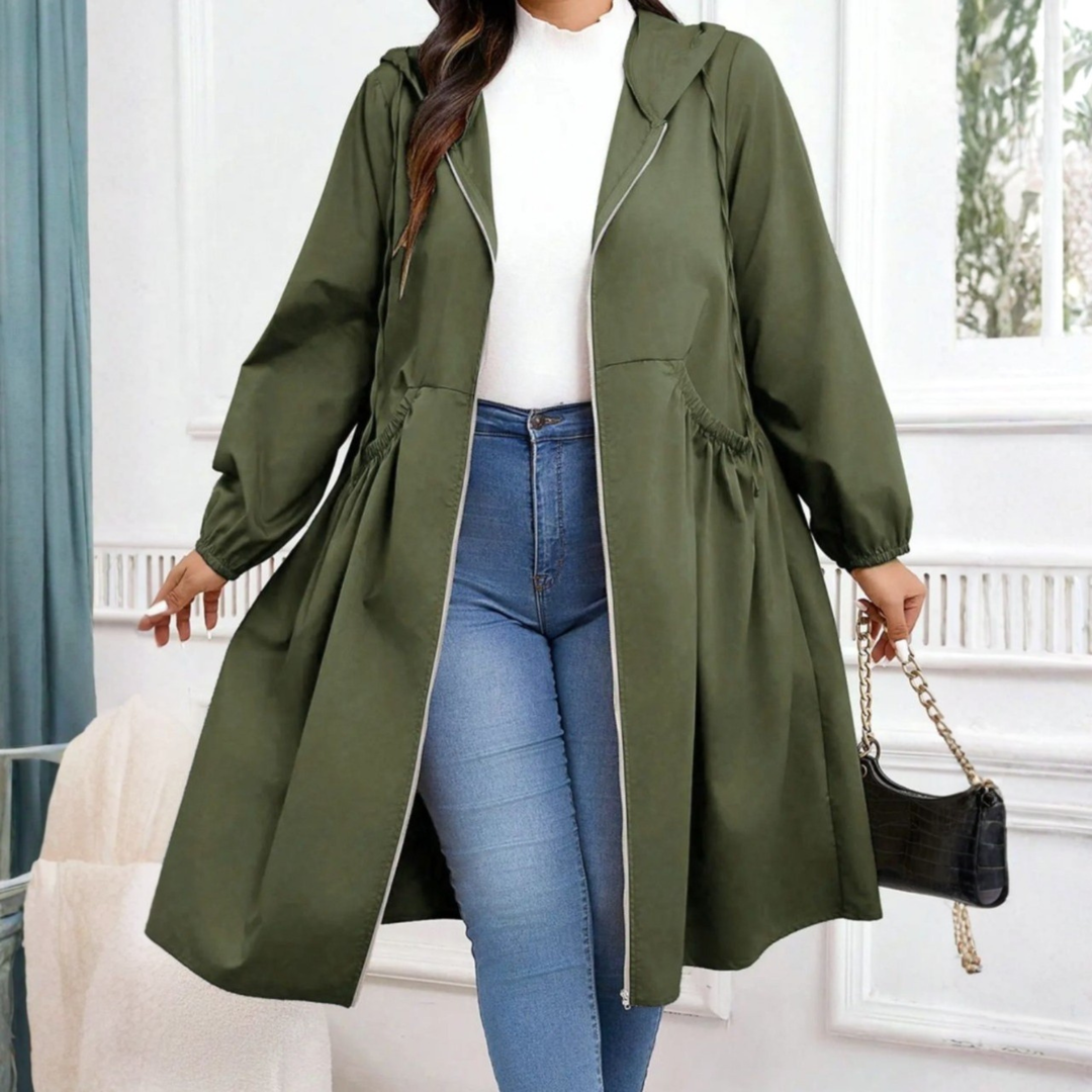 Avril - Avslappnad Plus Size Dragkedja Med Huva Långärmad Kappa