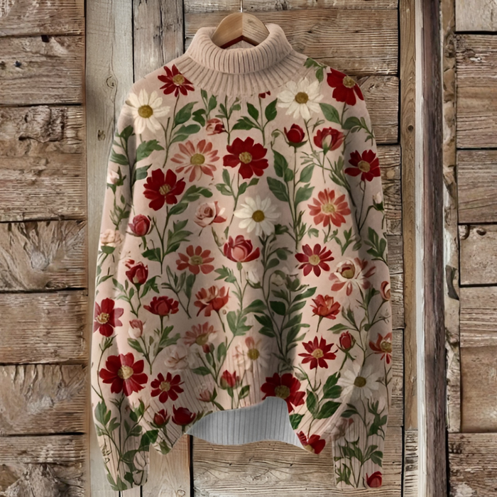 Dam Stickad Polotröja med Blommönster och Ribbad Krage