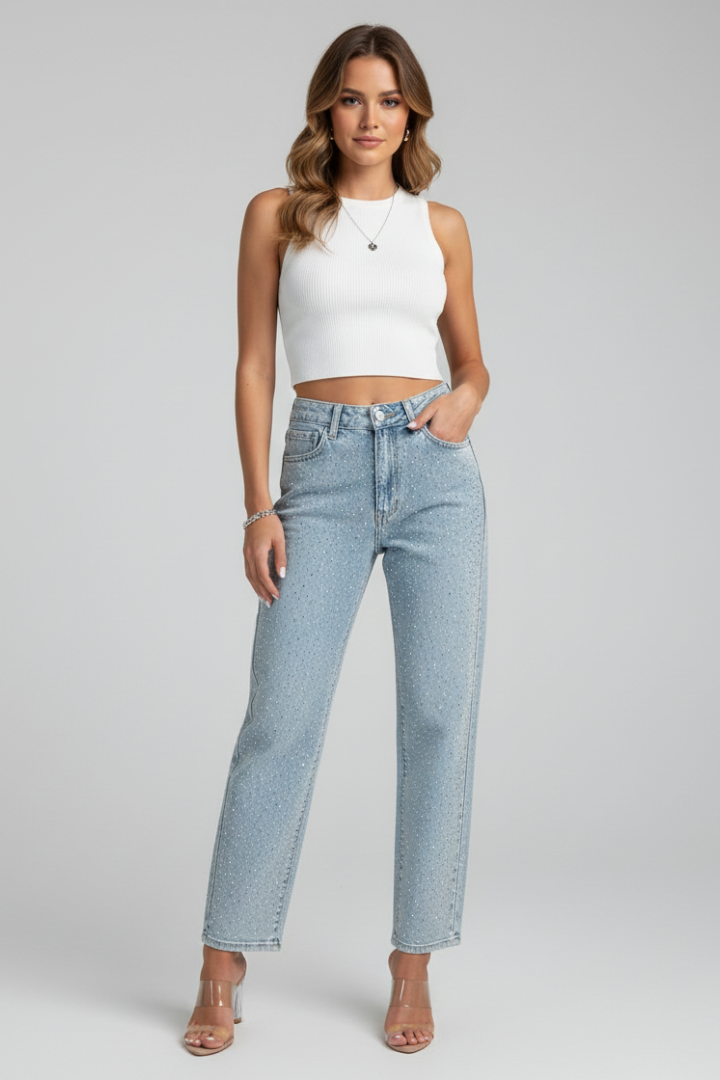 Katherine | Damens Högmidjade Glittrande Rakben Jeans