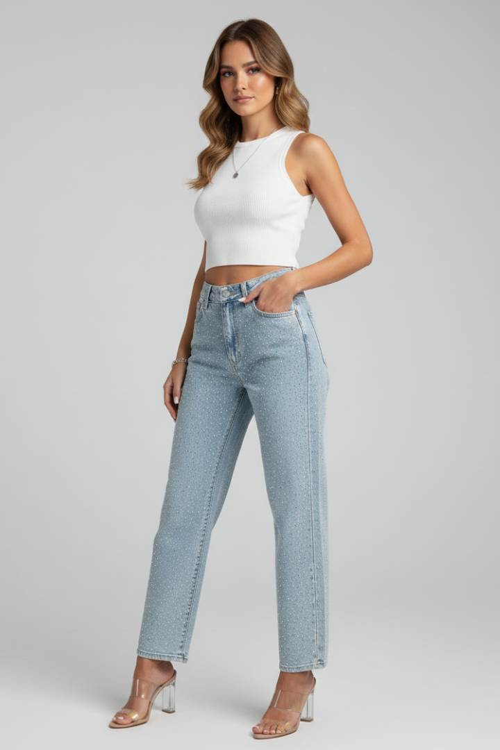 Katherine | Damens Högmidjade Glittrande Rakben Jeans