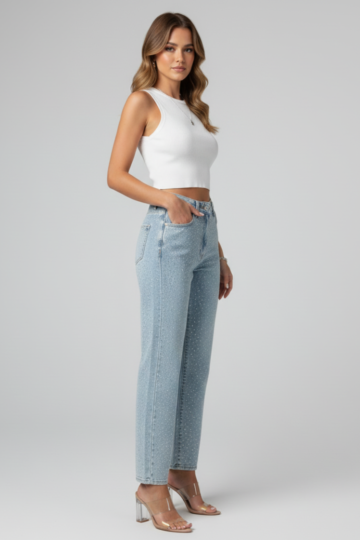 Katherine | Damens Högmidjade Glittrande Rakben Jeans