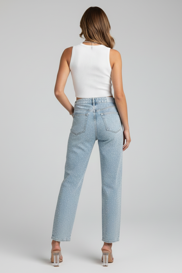 Katherine | Damens Högmidjade Glittrande Rakben Jeans