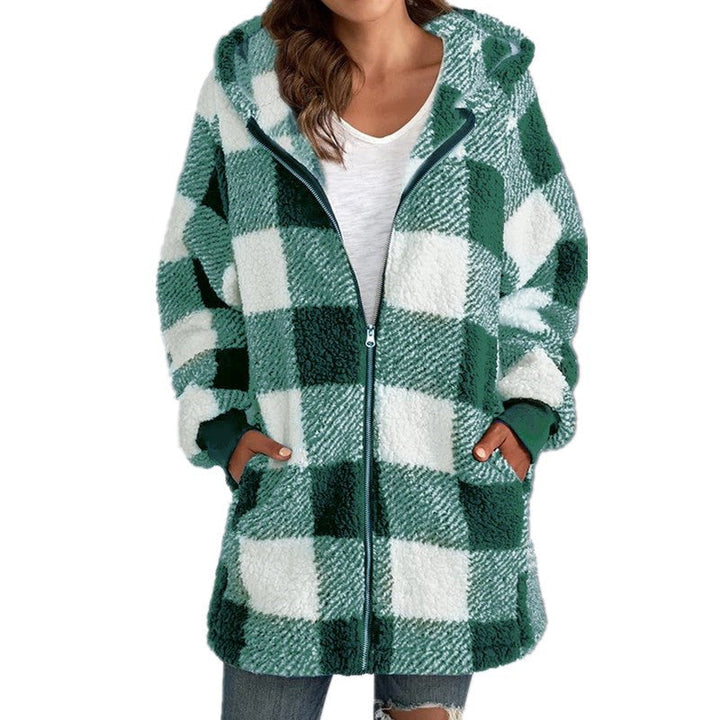 Arabella - Rutig Fleece Långärmad Kappa med Huva
