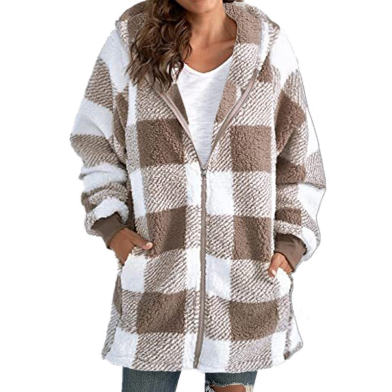 Arabella - Rutig Fleece Långärmad Kappa med Huva