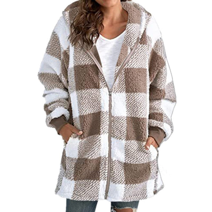 Arabella - Rutig Fleece Långärmad Kappa med Huva