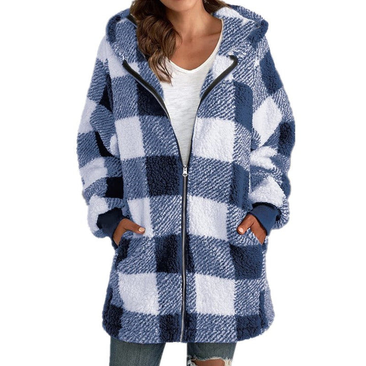 Arabella - Rutig Fleece Långärmad Kappa med Huva