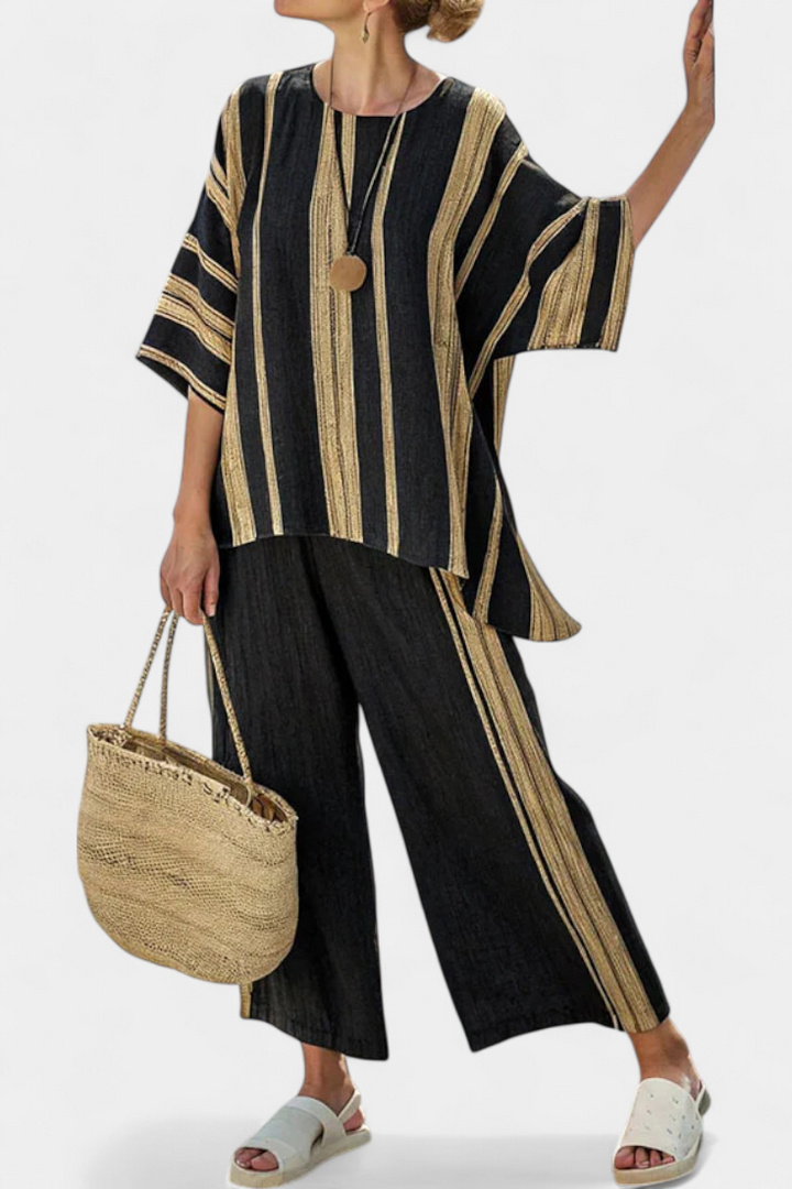 Calden | Bekväm Oversized Randig Topp &amp; Avslappnade Linnebyxor