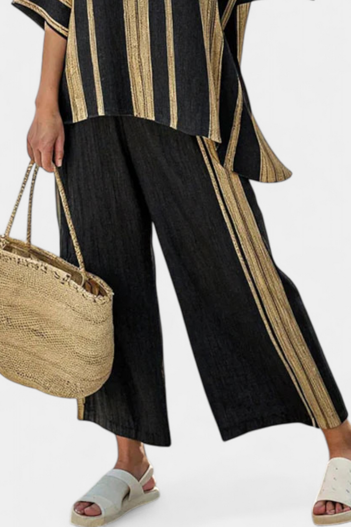 Calden | Bekväm Oversized Randig Topp &amp; Avslappnade Linnebyxor