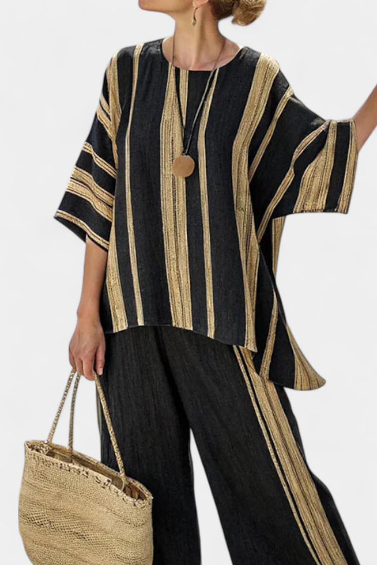 Calden | Bekväm Oversized Randig Topp &amp; Avslappnade Linnebyxor