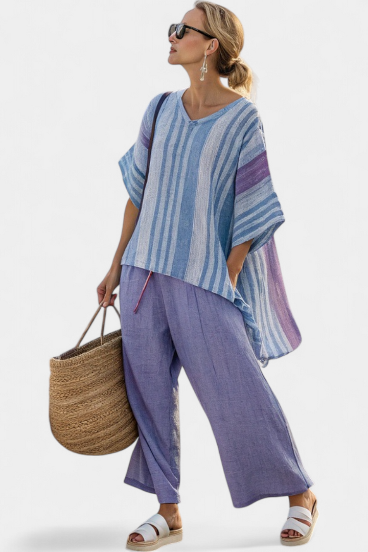 Zellora | Elegant Lavendel &amp; Himmelblå Topp &amp; Linbyxor