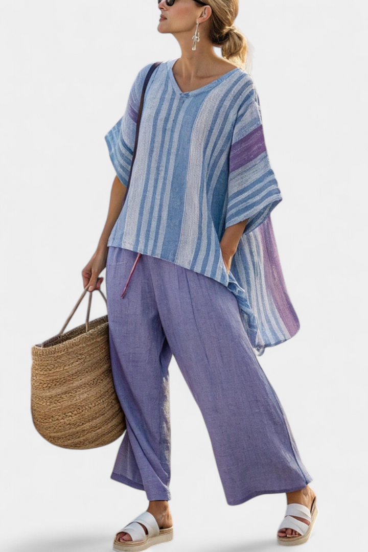 Zellora | Elegant Lavendel &amp; Himmelblå Topp &amp; Linbyxor