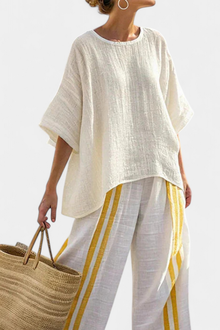 Anselor | Elegant Gulrandig Linne Topp &amp; Vida Byxor