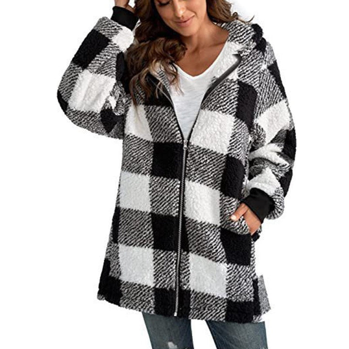Arabella - Rutig Fleece Långärmad Kappa med Huva