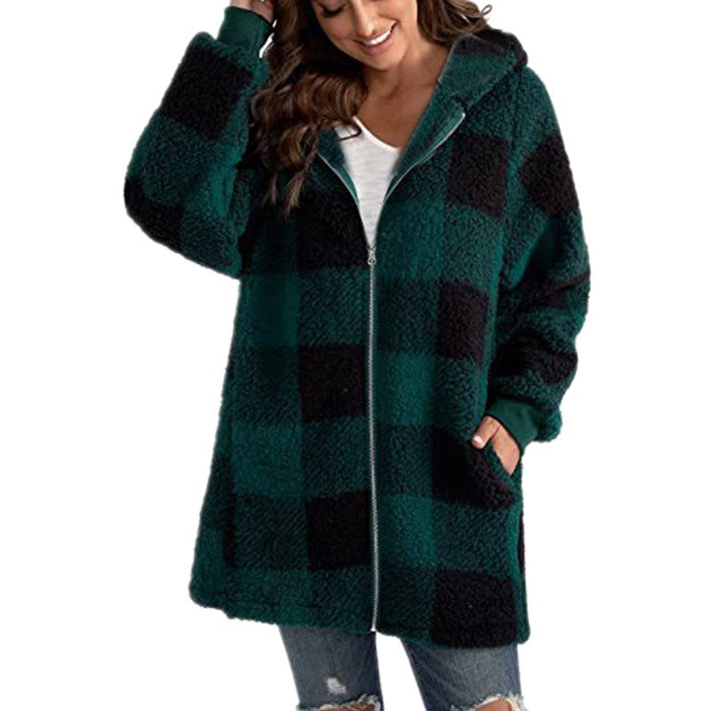 Arabella - Rutig Fleece Långärmad Kappa med Huva