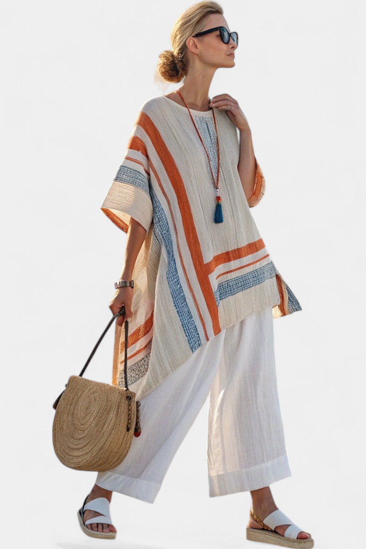 Caevan | Sofistikerad Asymmetrisk Blus &amp; Vida Linbyxor