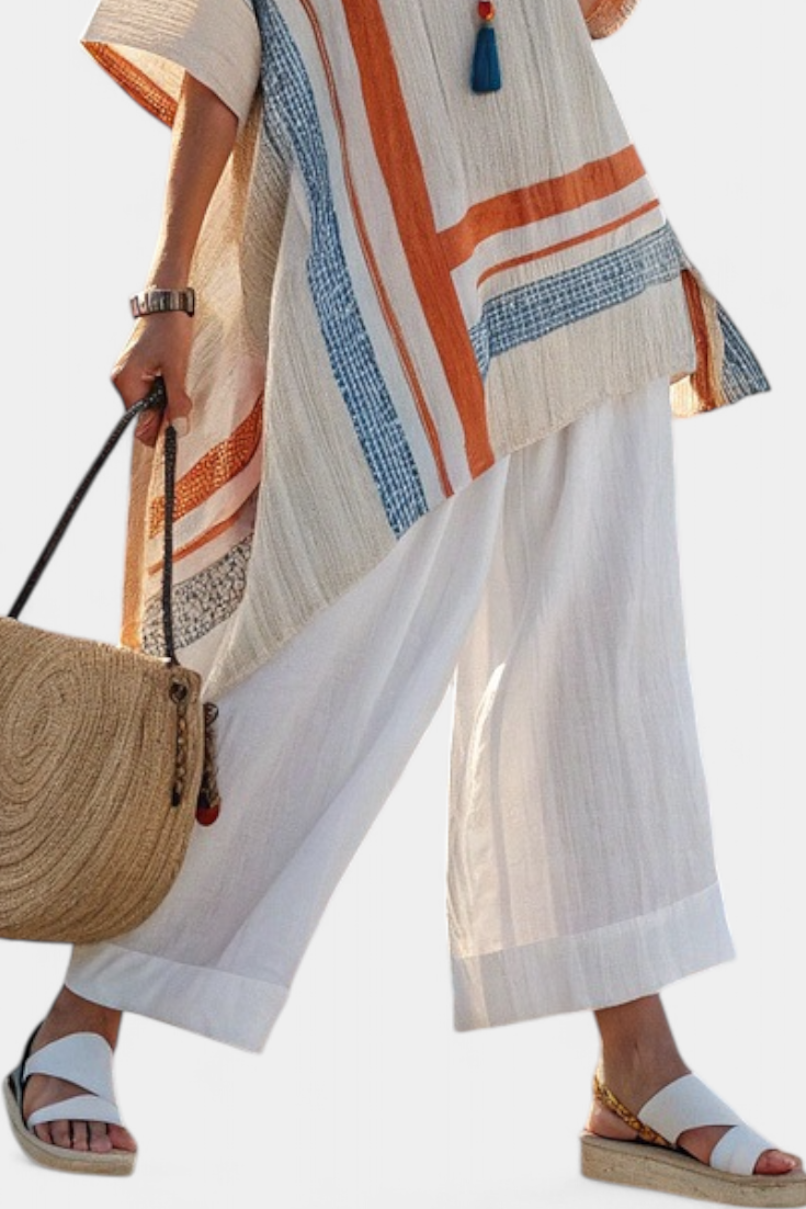 Caevan | Sofistikerad Asymmetrisk Blus &amp; Vida Linbyxor
