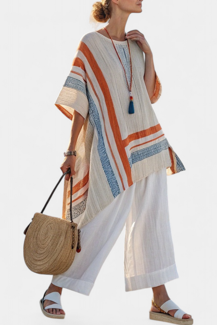 Caevan | Sofistikerad Asymmetrisk Blus &amp; Vida Linbyxor