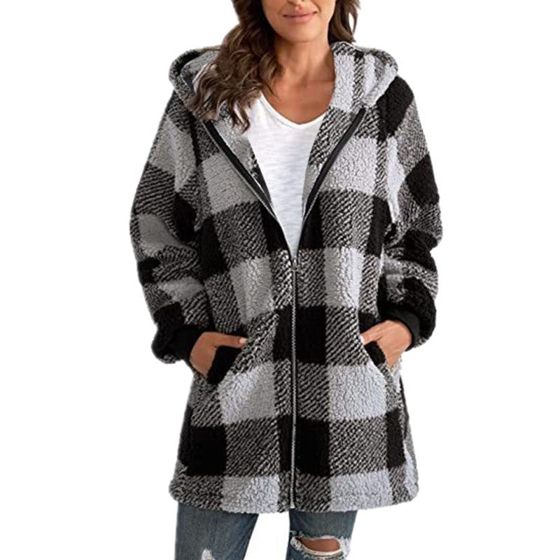 Arabella - Rutig Fleece Långärmad Kappa med Huva