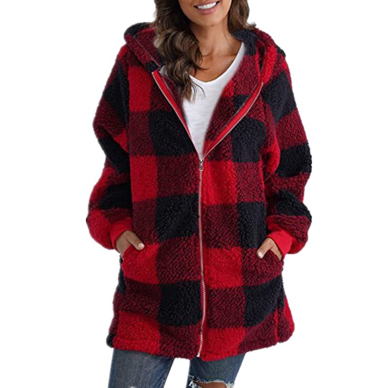 Arabella - Rutig Fleece Långärmad Kappa med Huva