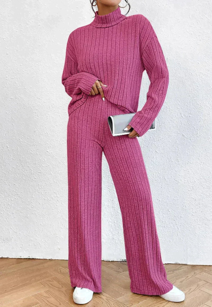 Dam Ribbad Turtleneck och Byxset för Loungewear