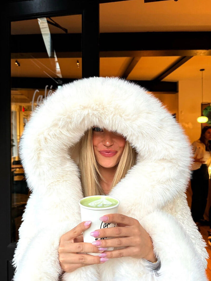 Fluffig Konstpäls Jacka med Oversize Luva