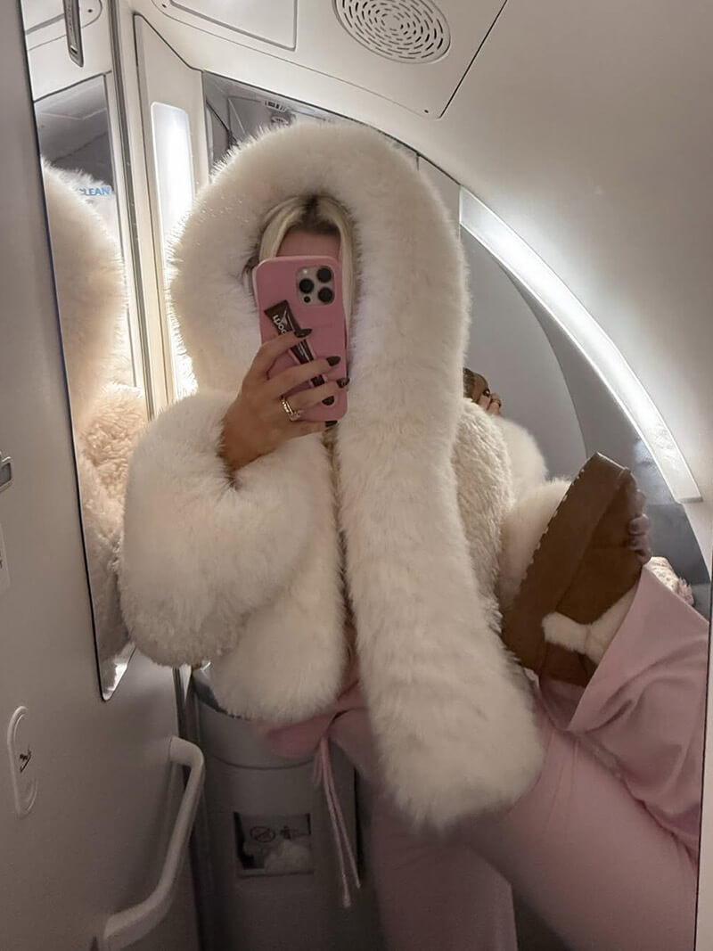 Fluffig Konstpäls Jacka med Oversize Luva