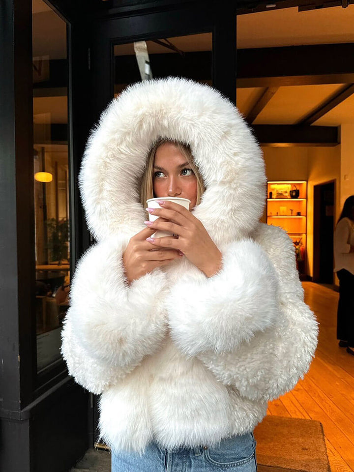 Fluffig Konstpäls Jacka med Oversize Luva