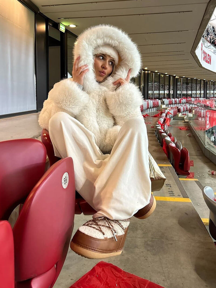 Fluffig Konstpäls Jacka med Oversize Luva