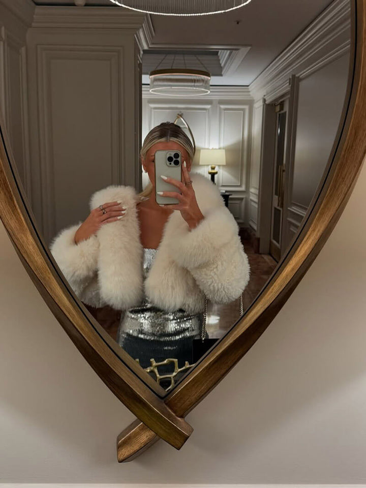 Fluffig Konstpäls Jacka med Oversize Luva