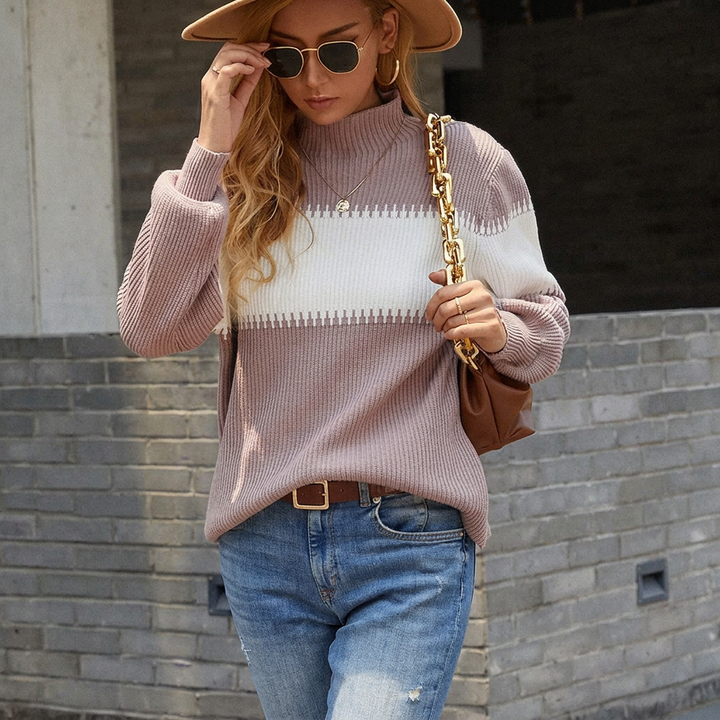 Stickad Damtröja med Ståkrage och Färgblocksdesign