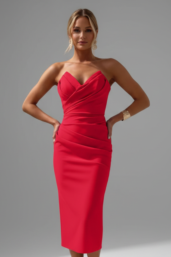 Rachel | Damernas Strapless Rynkad Kjol Midi Klänning