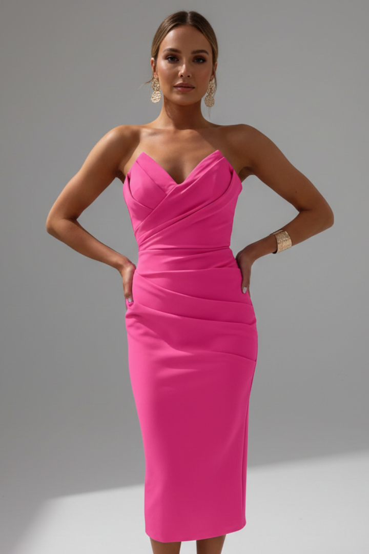 Rachel | Damernas Strapless Rynkad Kjol Midi Klänning