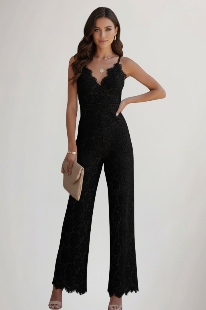 Emily | Ärmlös V-ringad Jumpsuit Med Spets Och Vida Ben För Dam