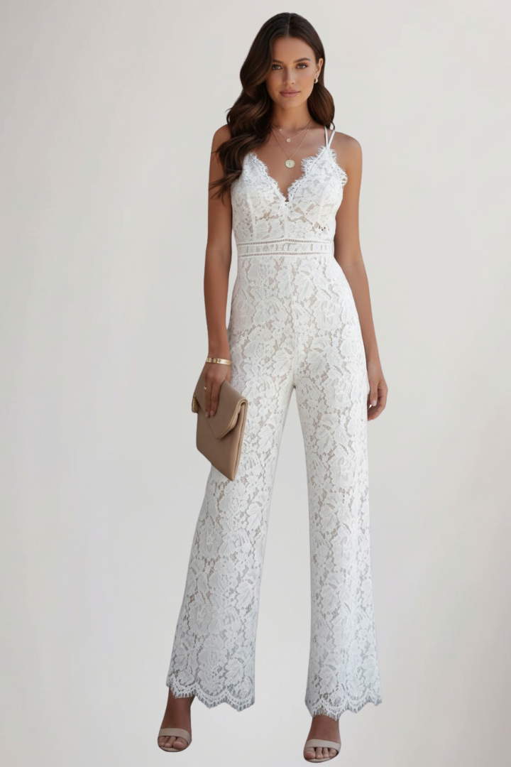 Emily | Ärmlös V-ringad Jumpsuit Med Spets Och Vida Ben För Dam