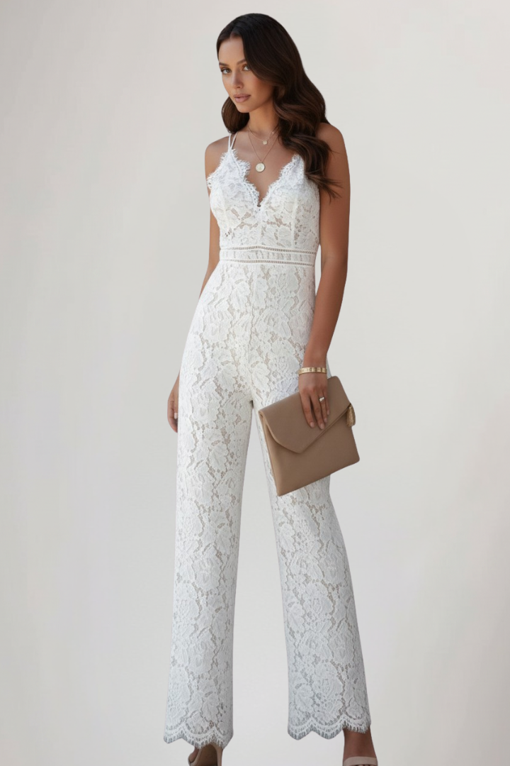 Emily | Ärmlös V-ringad Jumpsuit Med Spets Och Vida Ben För Dam