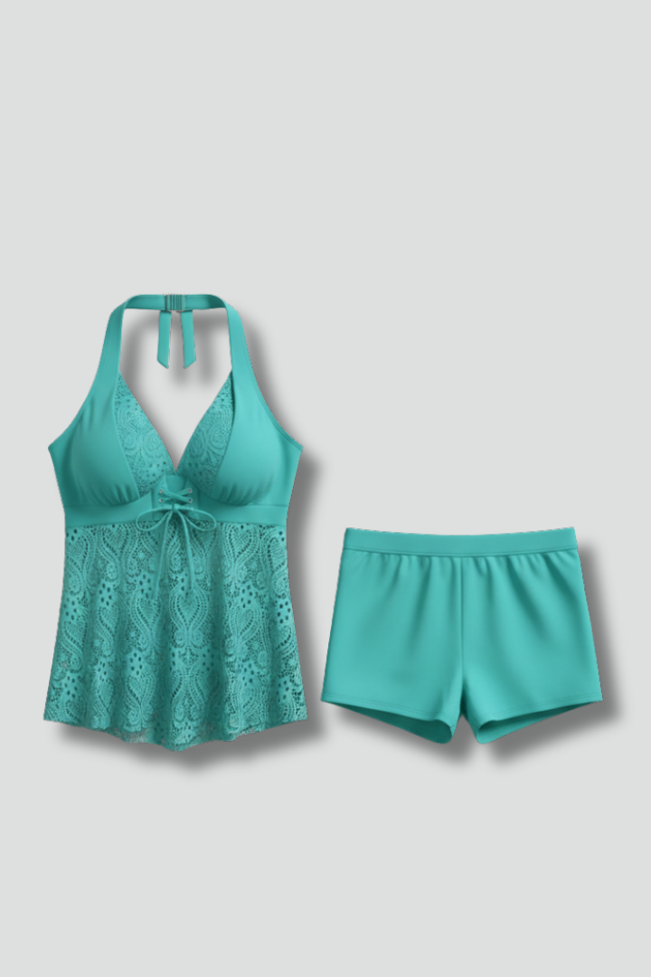 Maya | Dam V-ringad Tankini-set med Spetsöverdrag
