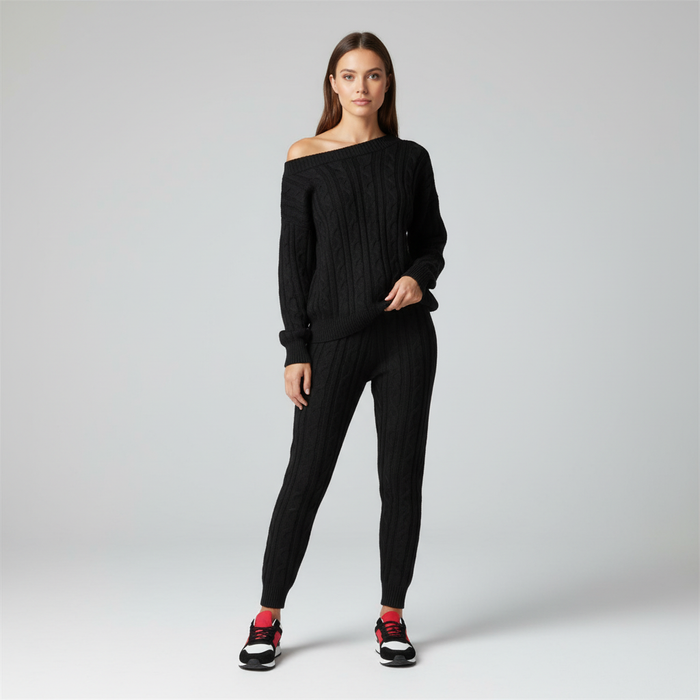 Dam Stickad Loungeware Set med Off-Shoulder Tröja