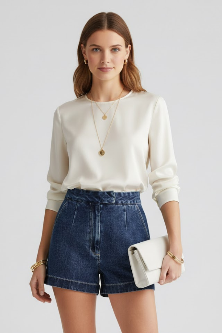 Danielle | Damens Högmidjade Shorts med Rullad Kant