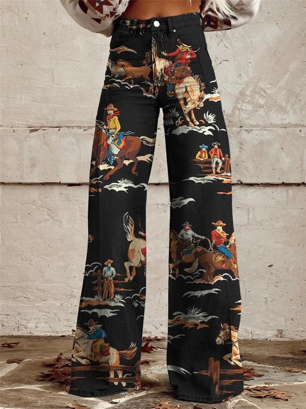 Grace | Denim Western Print Högmidjade Vida Byxor