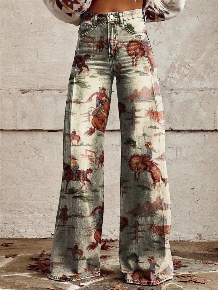 Grace | Denim Western Print Högmidjade Vida Byxor