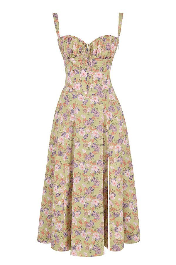 Amelia | Blommig Korsett Midi Klänning med Hjärtformad Urringning