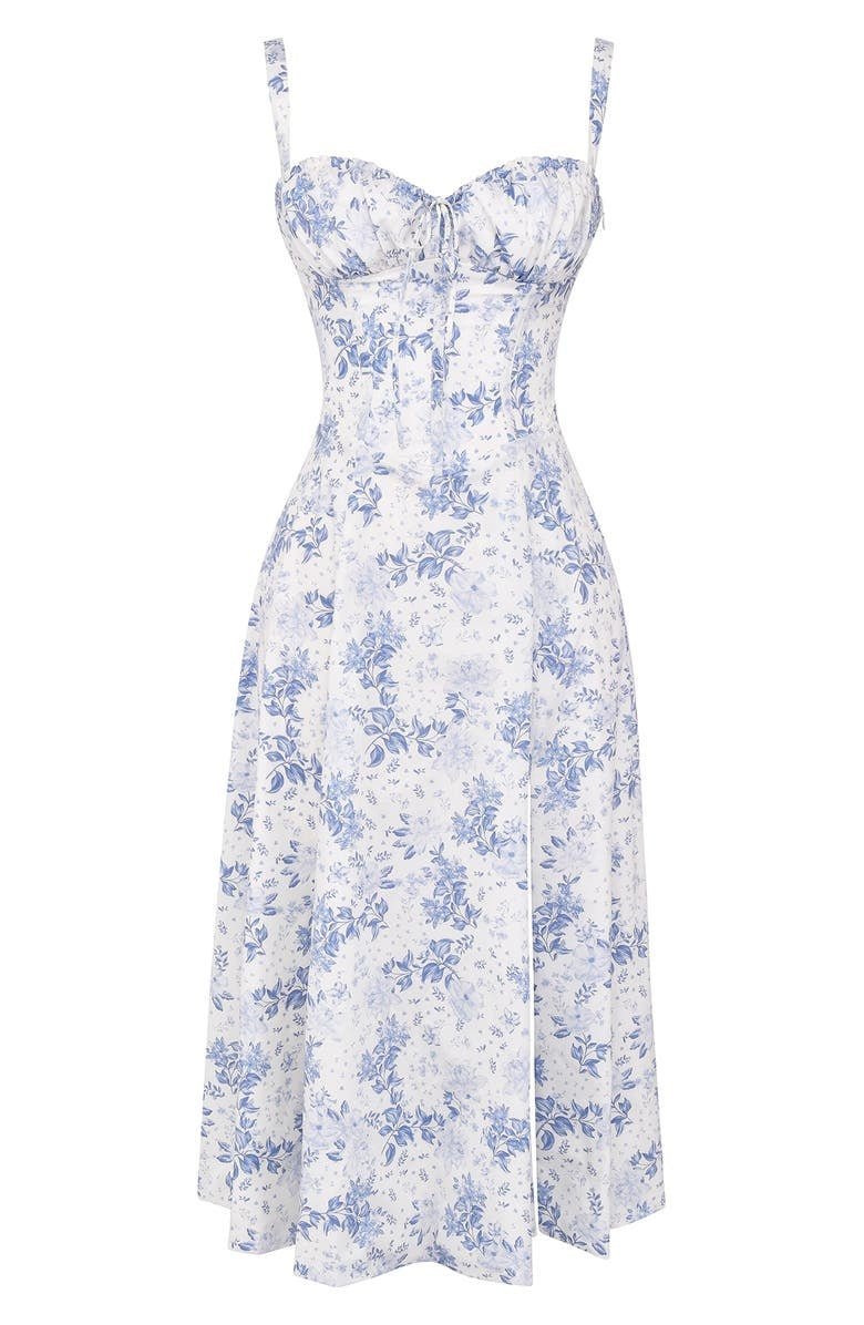 Amelia | Blommig Korsett Midi Klänning med Hjärtformad Urringning