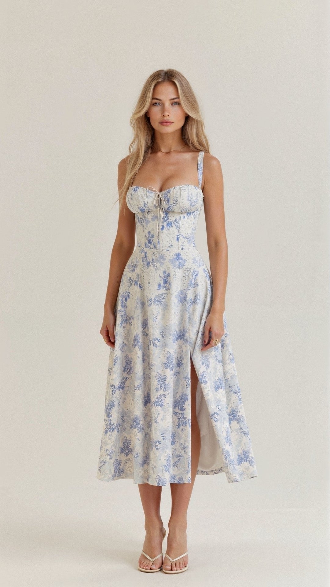Amelia | Blommig Korsett Midi Klänning med Hjärtformad Urringning