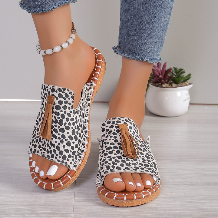 Aria | Damens Slide Sandaler Öppen Tå Fringed Bohemisk Platt