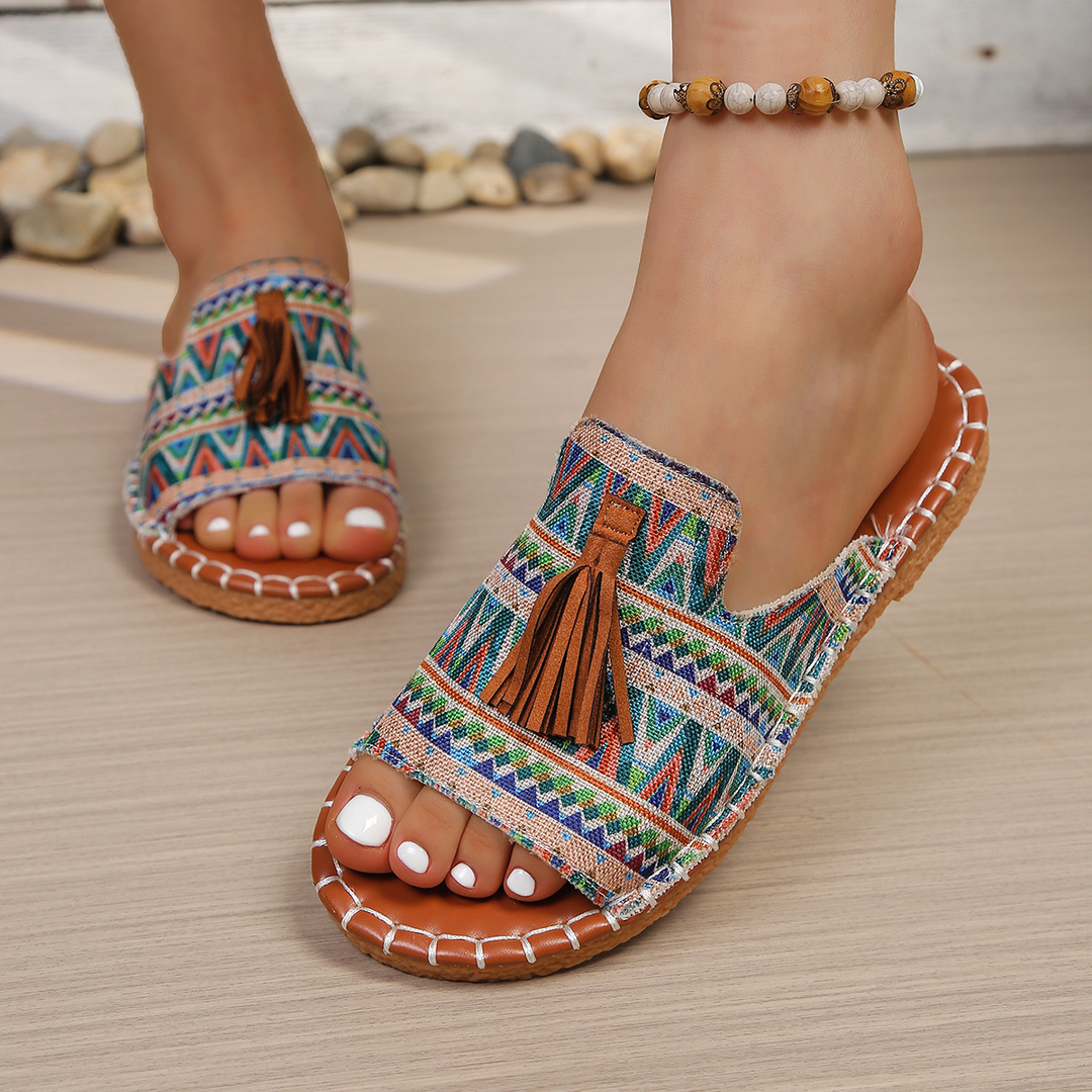 Aria | Damens Slide Sandaler Öppen Tå Fringed Bohemisk Platt