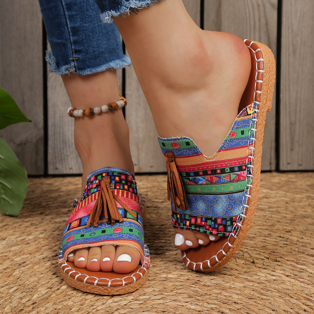 Aria | Damens Slide Sandaler Öppen Tå Fringed Bohemisk Platt